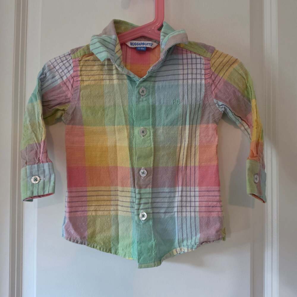 RuggedButts Baby Boy 12-18M Pastel Madras Plaid Button Down Shirt 100% Cotton
